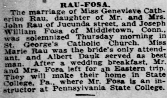 Rau-Fosa Marriage Pittsburgh Daily Post 11 sep 1920 online page 4 - 