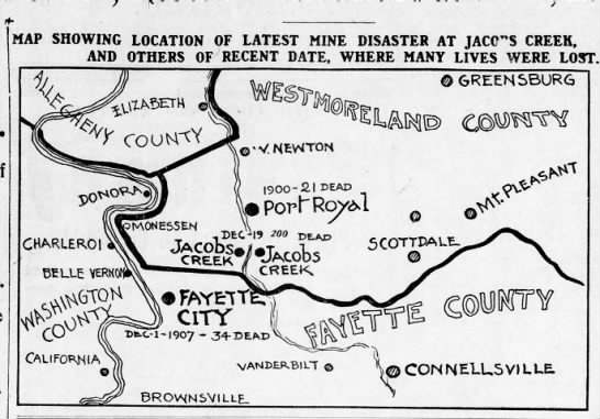 Map of area of Darr mine disaster (at Jacobs Creek at center) - 