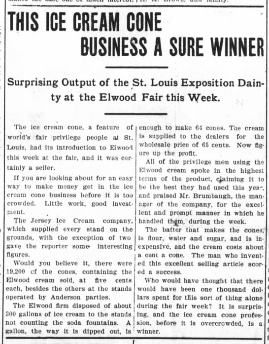 "This Ice Cream Cone Business a Sure Winner" 1905 - 