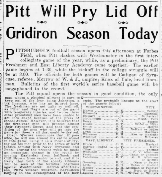 Pitt Will Pry Lid Off Gridiron Season Today - 
