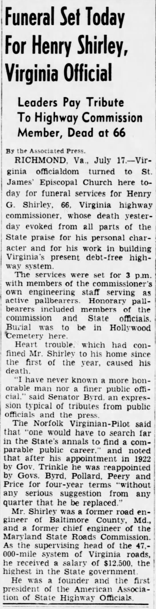 Funeral Set Today For Henry Shirley, Virginia Official; 17 Jul 1941; Evening Star; A-12 - 