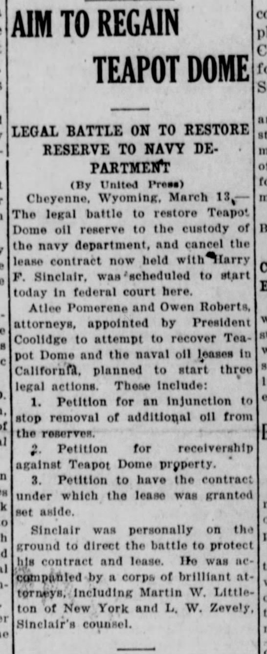 Newspaper article reports that the legal battle over Teapot Dome will soon begin - 