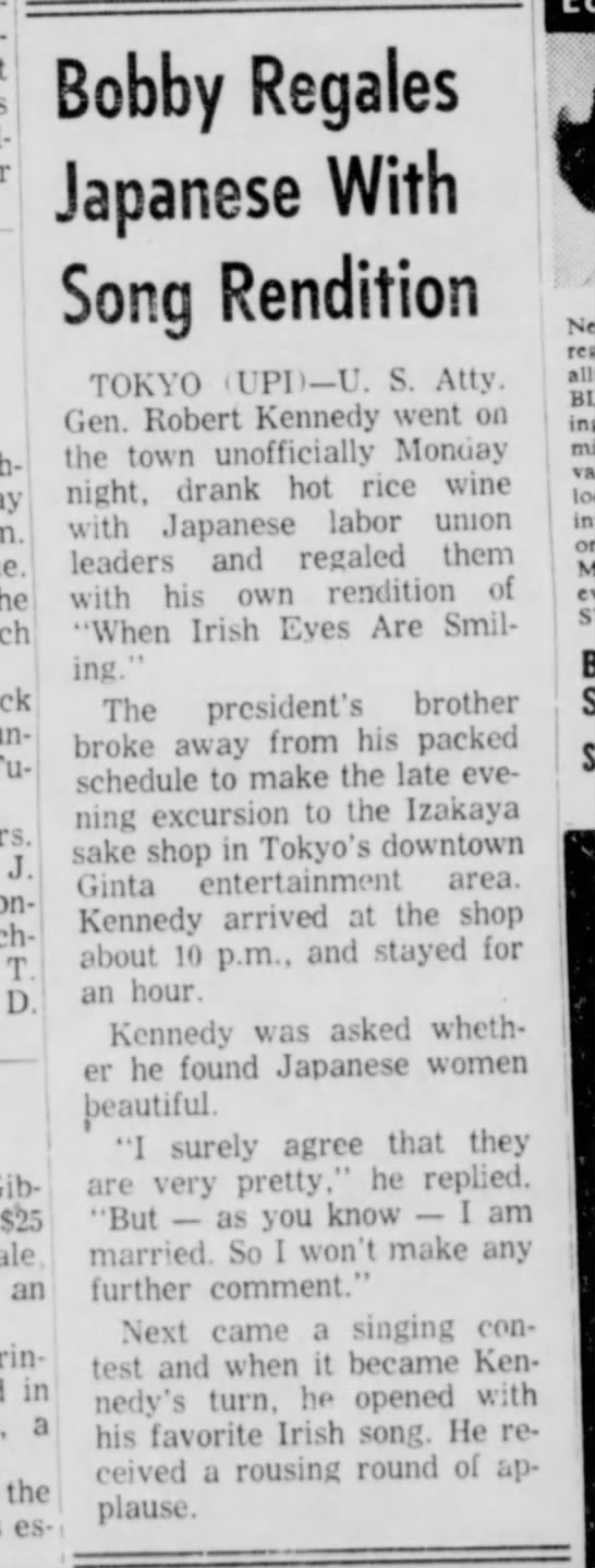 Robert F. Kennedy visits an izakaya in Tokyo, 1962. - 