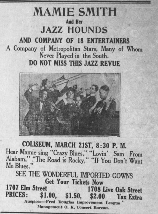 1921 ad for jazz revue by "Mamie Smith and Her Jazz Hounds" - 
