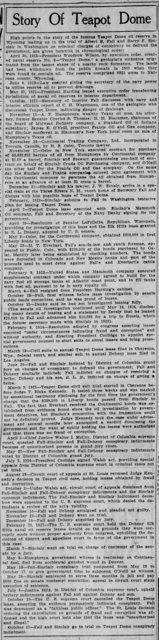 Time line of Teapot Dome scandal prior to Oct. 1927 - 