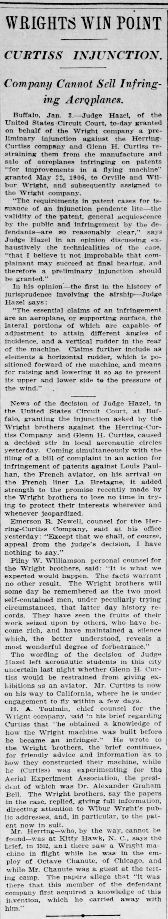 Wright Brothers win injunction against Herring-Curtiss Company in Jan 1910 for patent infringement - 