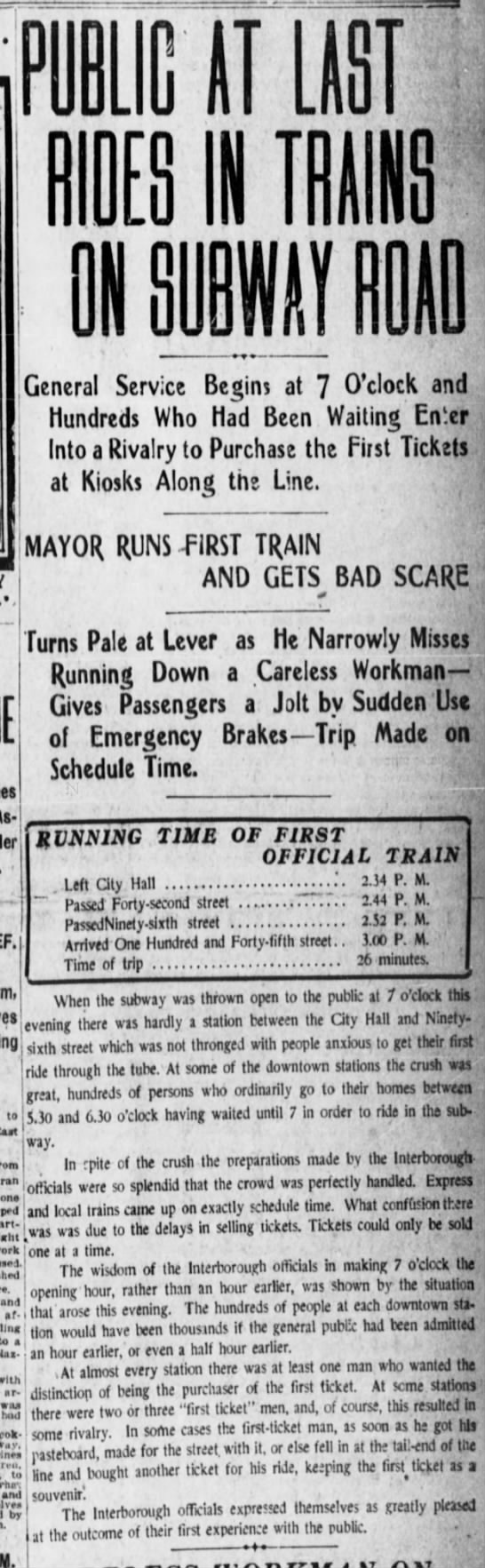 Newspaper article about the opening day of the New York City subway in 1904 - 
