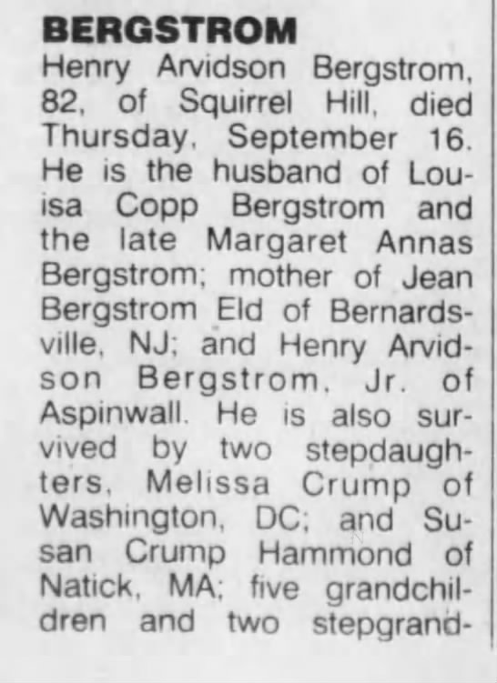 Obituary for Henry Arvidson BERGSTROM (Aged 82)