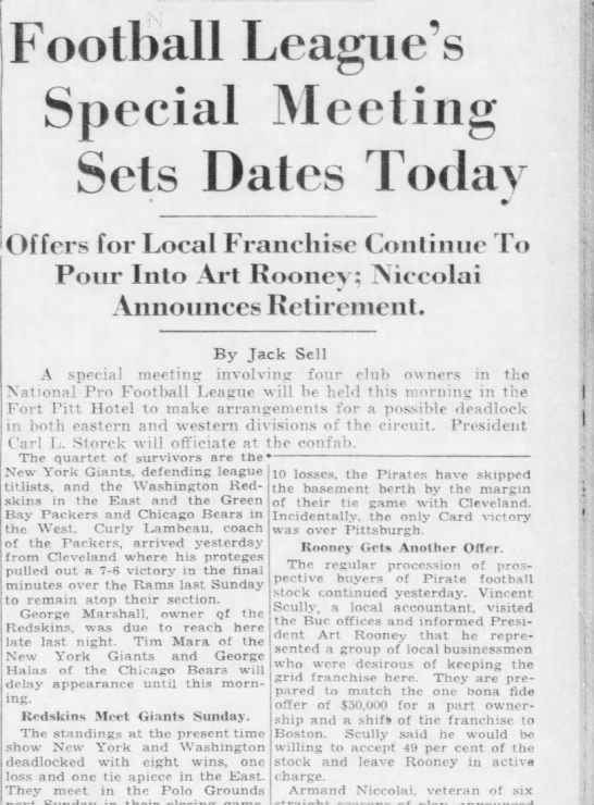 Offers to buy Steelers in 1939 - 