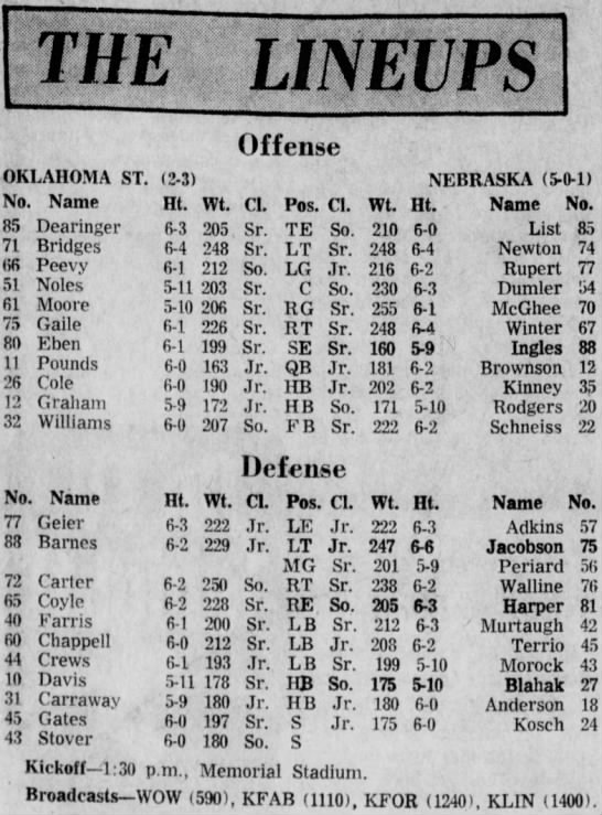 1970 Nebraska-Oklahoma State game lineups - 