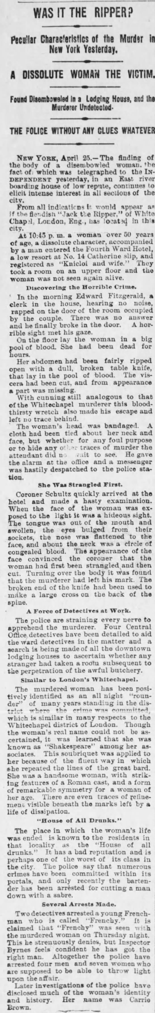 Newspaper attributes murder of woman in New York to Jack the Ripper, 1891 - 