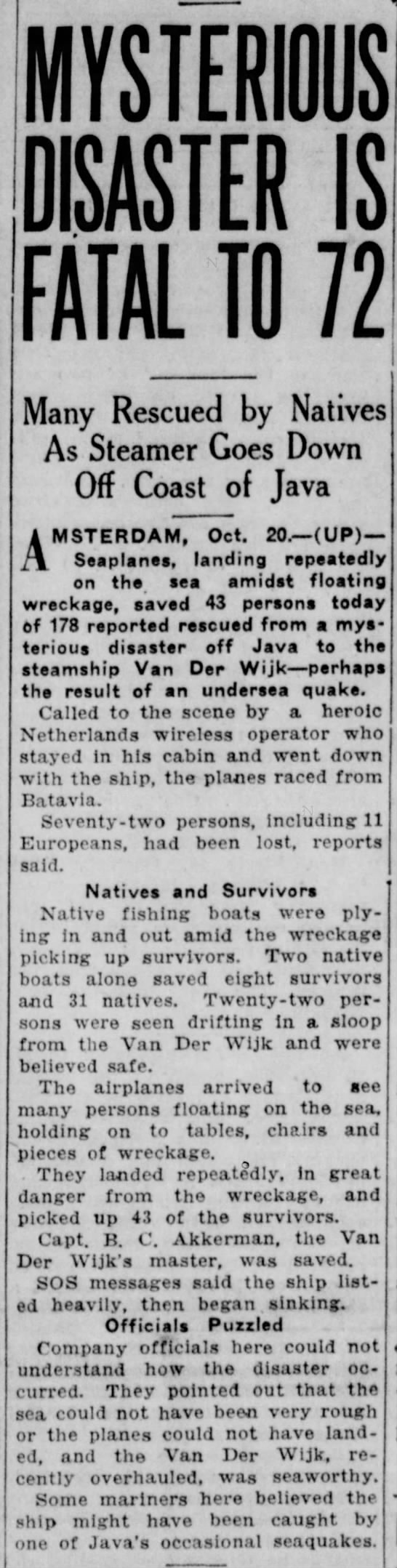 Steamship Van Der Wijk sunk be seaquake (Oct 1936). - 