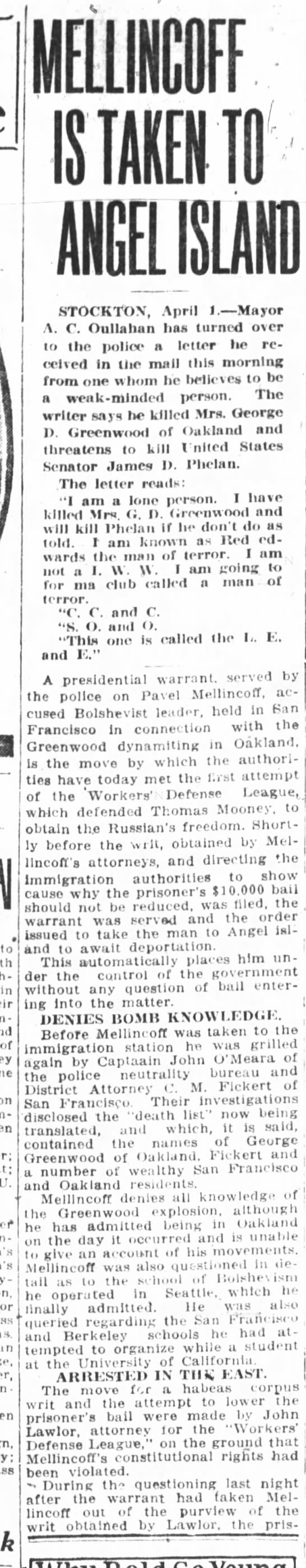 Mellincoff is Taken to Angel Island - Oakland Tribune April 01, 1919 - 