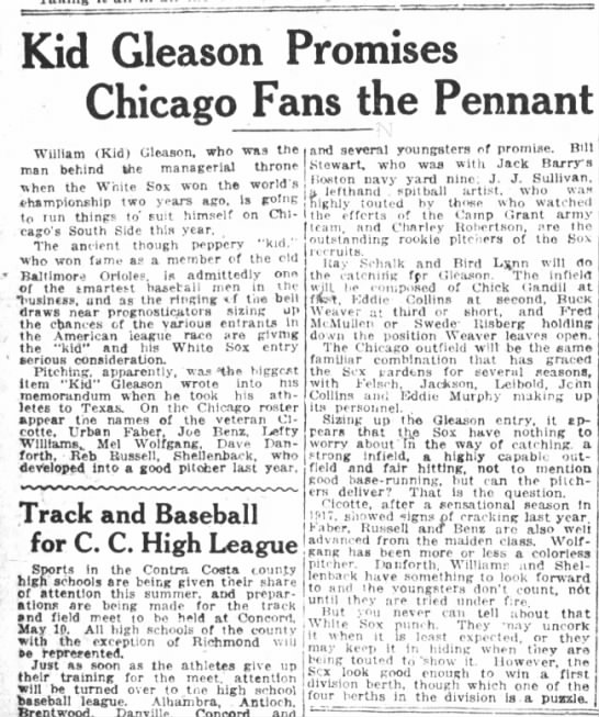 Kid Gleason Promises Chicago Fans the Pennant - 