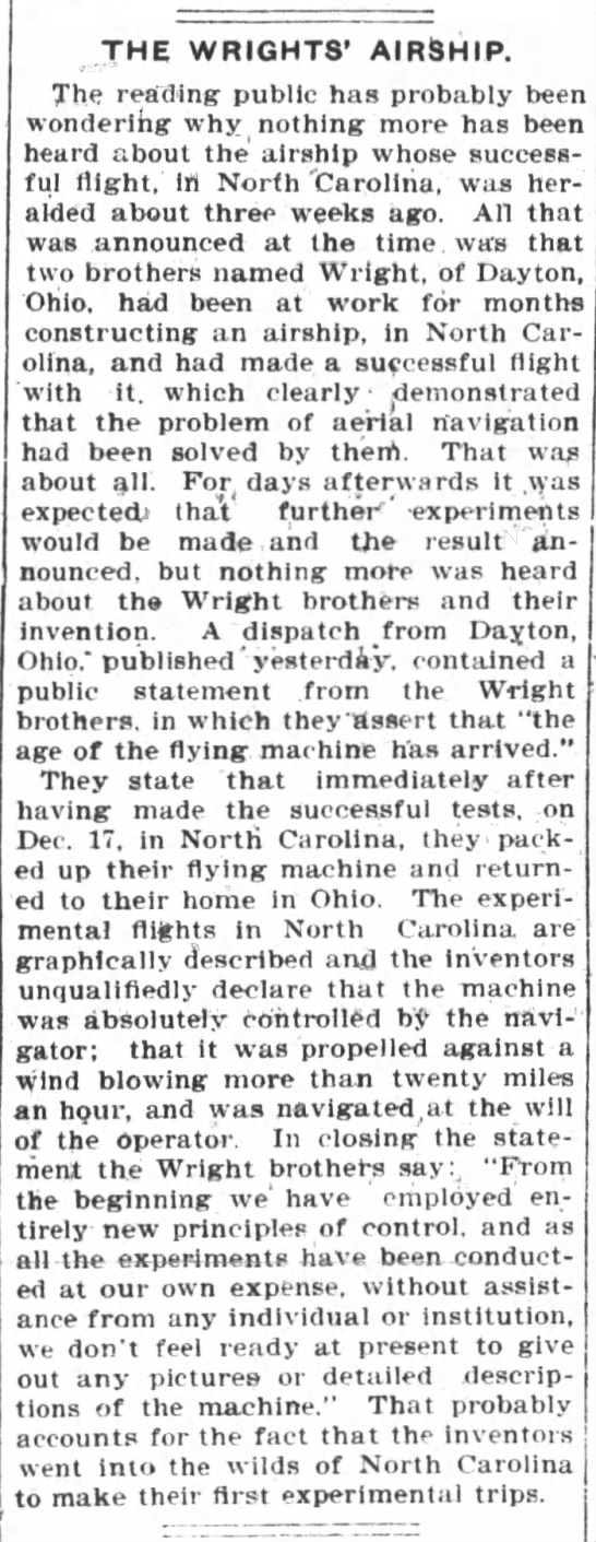 3 weeks after Kitty Hawk, Wright brothers declare "age of the flying machine has arrived" - 