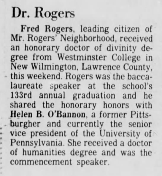 Fred Rogers receives honorary degree from Westminster College. - 