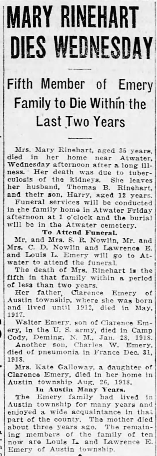 Obituary: Mary Rinehart nee Emery - 