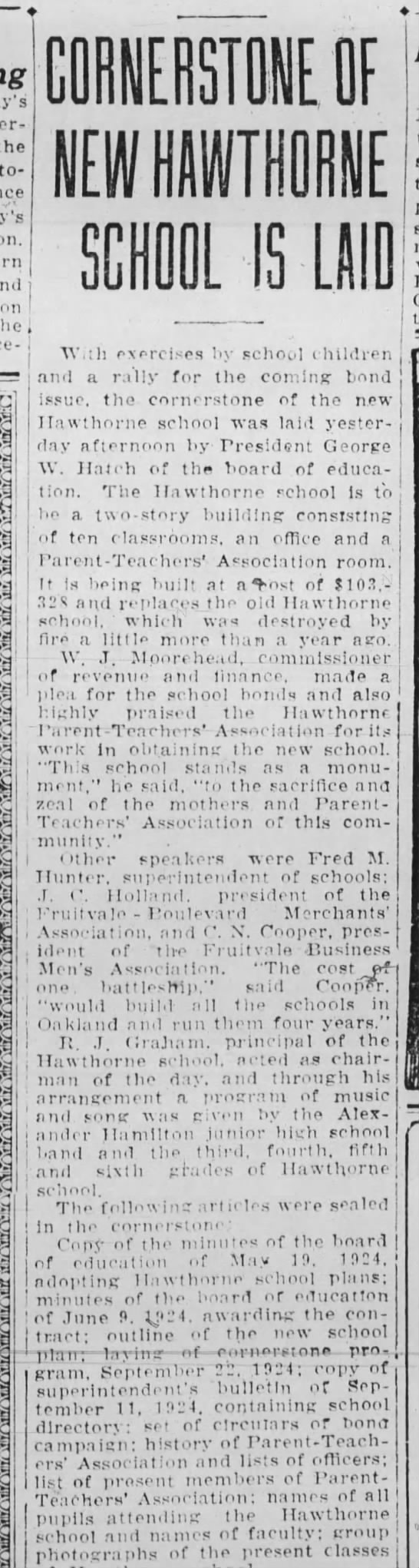 The cornerstone of New Hawthorne Schoo is Laid - Sep 23, 1924 - 