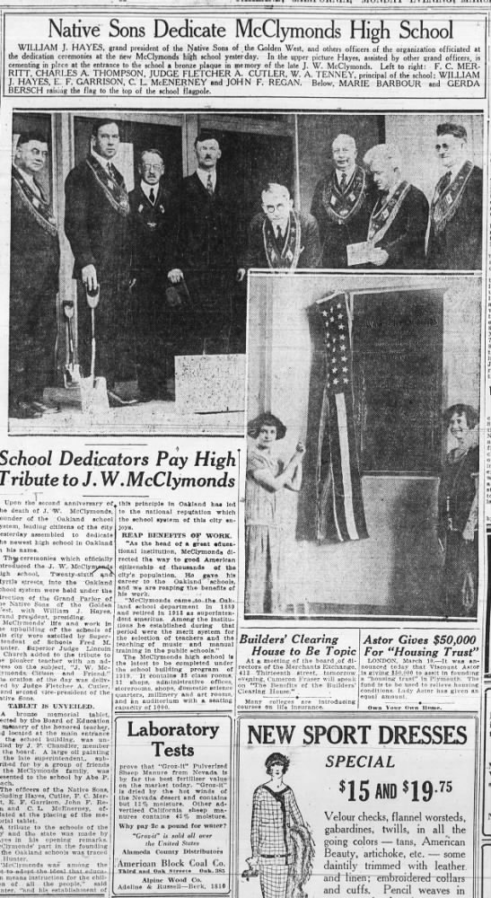 Native Sons Dedicate McClymonds High - March 10, 1924 - 