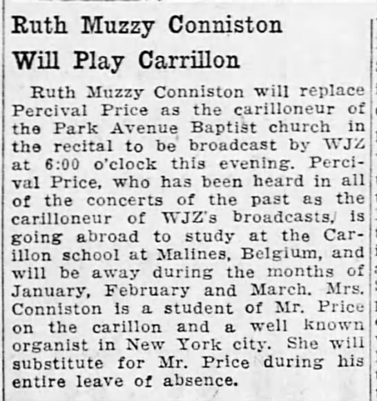 Ruth Muzzy Conniston Will Play Carillon - 