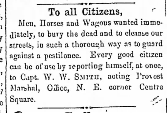 Town of Gettysburg requests men, horses, and wagons to bury the dead after Battle of Gettysburg - 