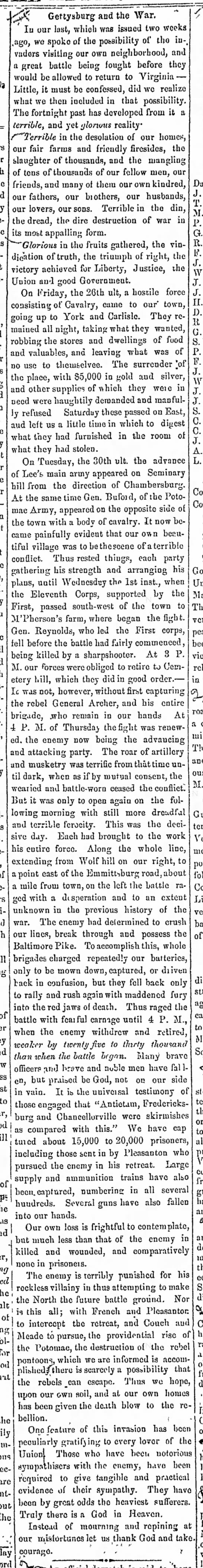 Gettysburg newspaper reports on the Battle of Gettysburg on 7 July 1863 - 