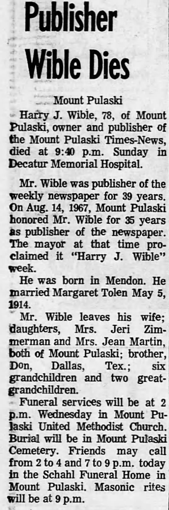 Obituary for Publisher Wible (Aged 78) - 
