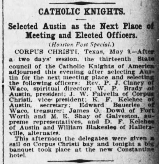 Catholic Knights: Selected Austin as the Next Place of Meeting and Elected Officers - 