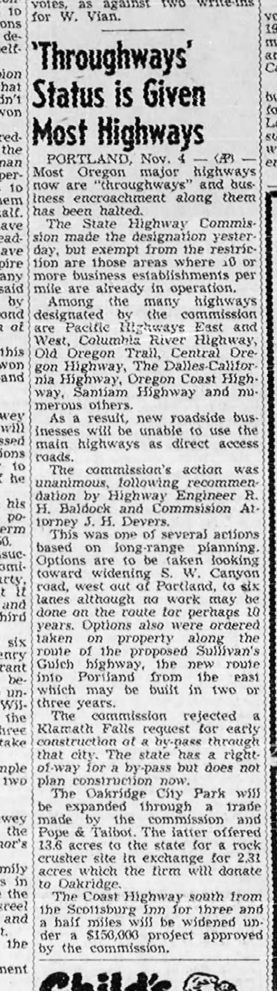 'Throughways' Status is Given Most Highways [OR] - 