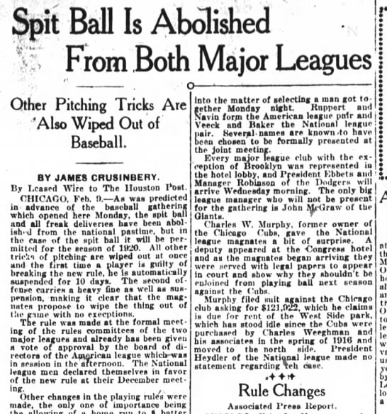 Spit Ball Is Abolished From Both Major Leagues - 