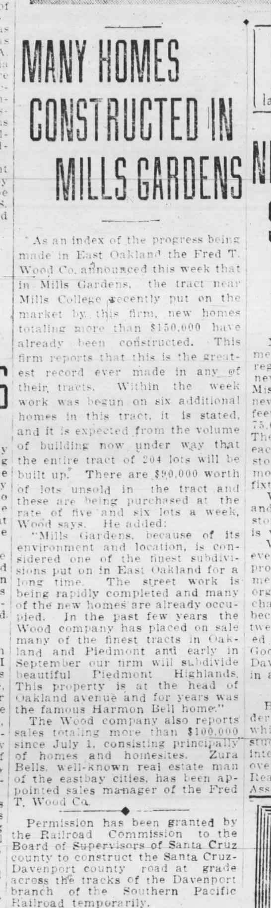 Many Homes Constructed - Oakland Tribune Aug 03, 1924 Mills Gardens - 