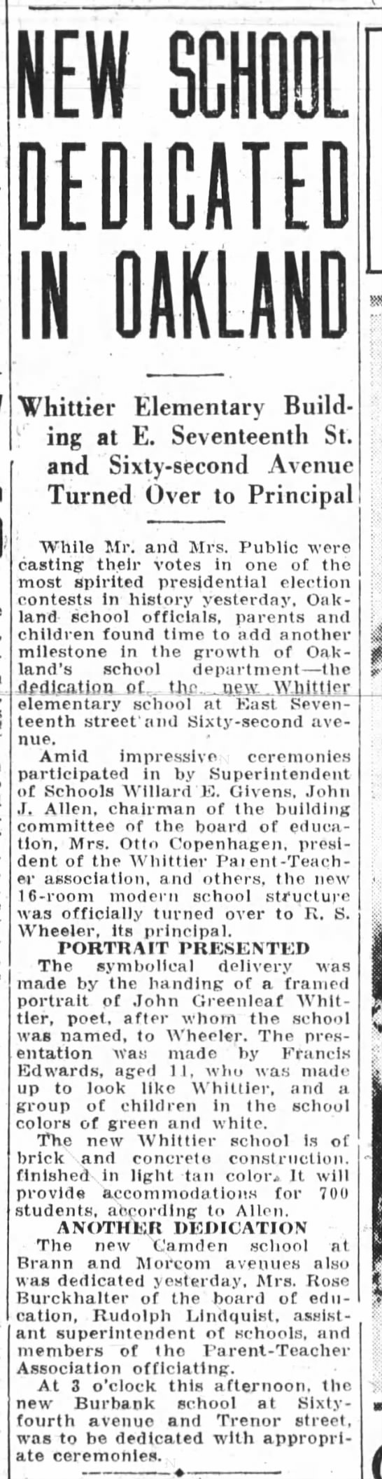 Whittier Elementary Dedicated - Nov 07, 1928 - 