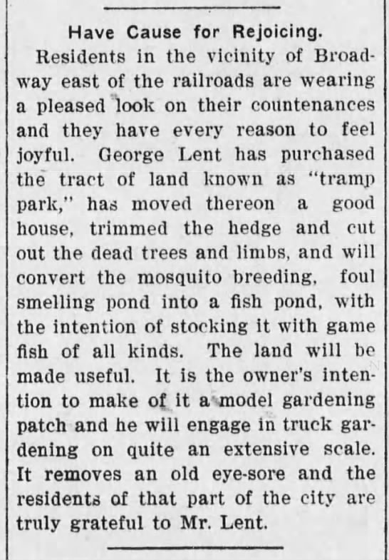 George Lent buys land and builds home east of Broadway and RR ...