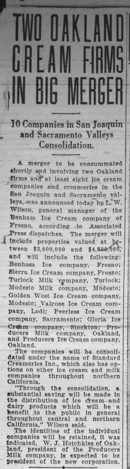 Two Oakland Cream Firms in Big Merger - 