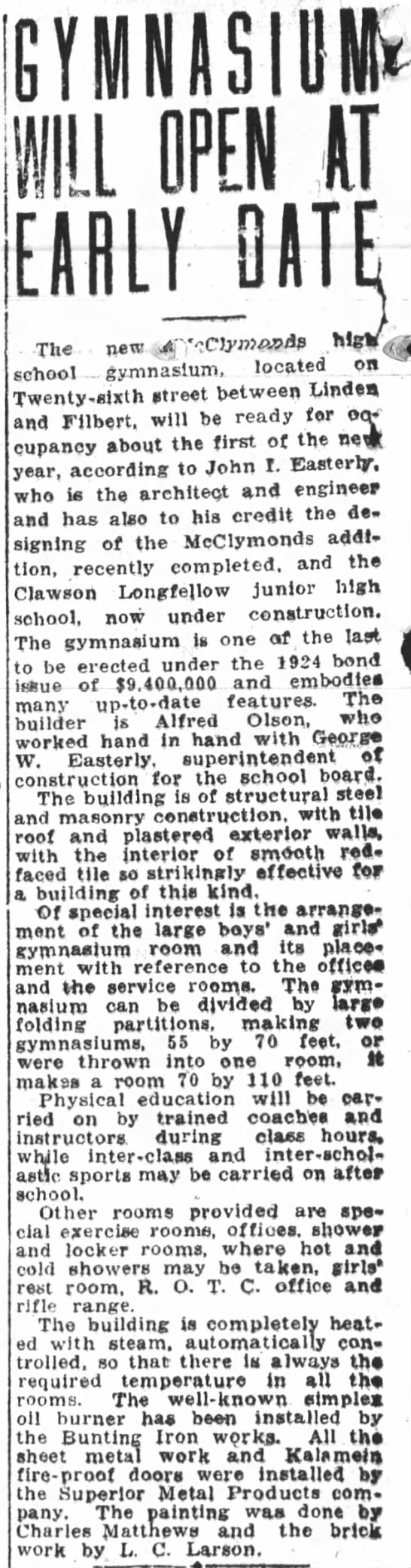 New Mcclymonds Gym - Dec 1928 - 