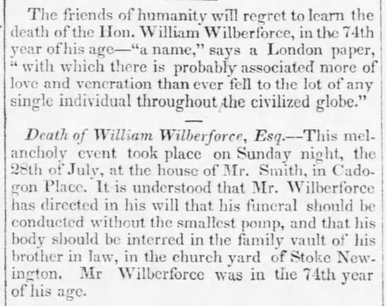 Death of William Wilberforce - 