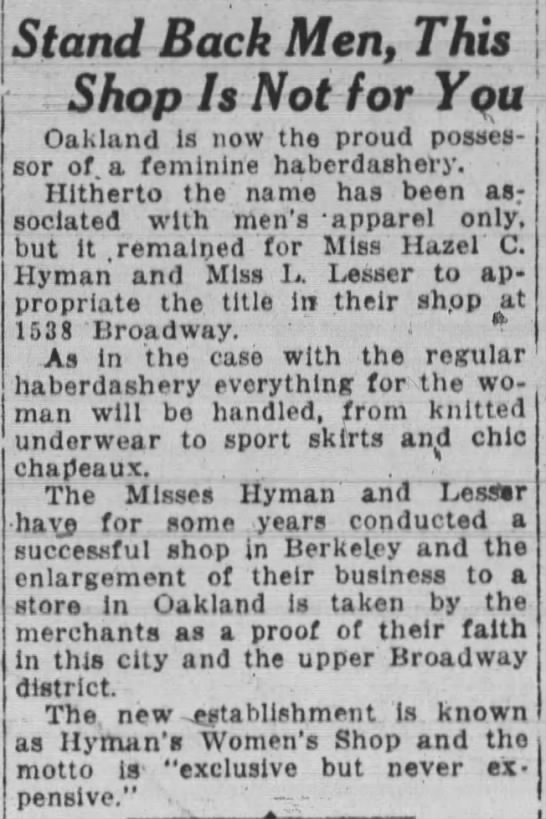 Hyman's -- opening, Hazel C. Hyman and L. Lesser. "Exclusive, but never expensive" - 