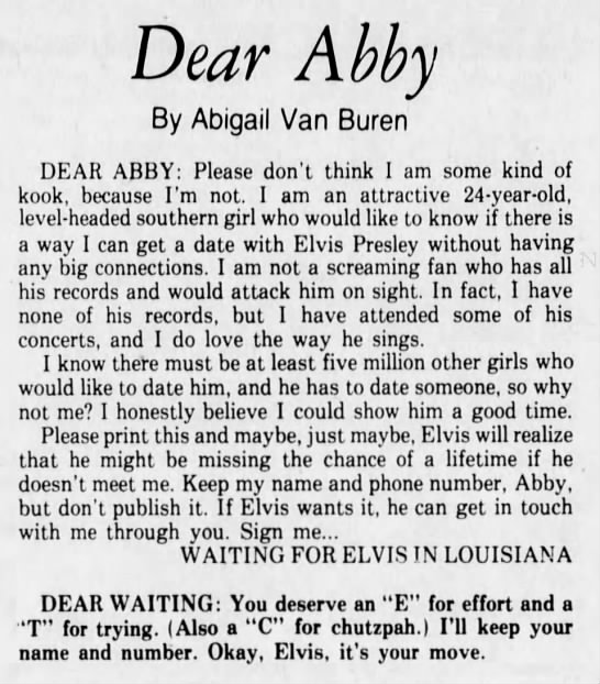 Dear Abby: Fan wants date with Elvis Presley - 