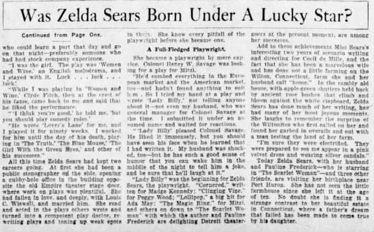 Was Zelda Sears Born Under A Lucky Star (cont. from p.1) - 