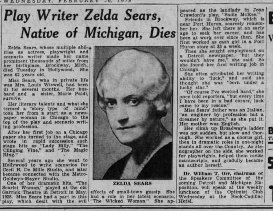 Play Writer Zelda Sears, Native of Michigan, Dies - 