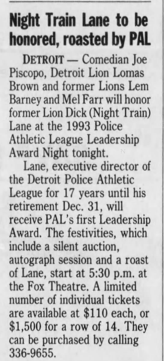 Night Train Lane to be honored, roasted by PAL - 