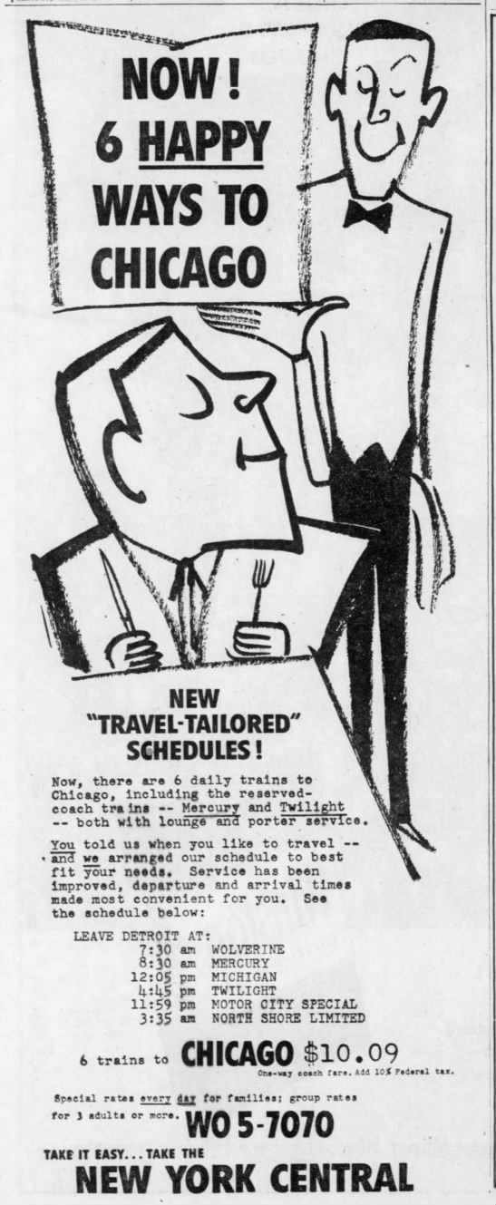 NYC ad for trains between Detroit and Chicago - 