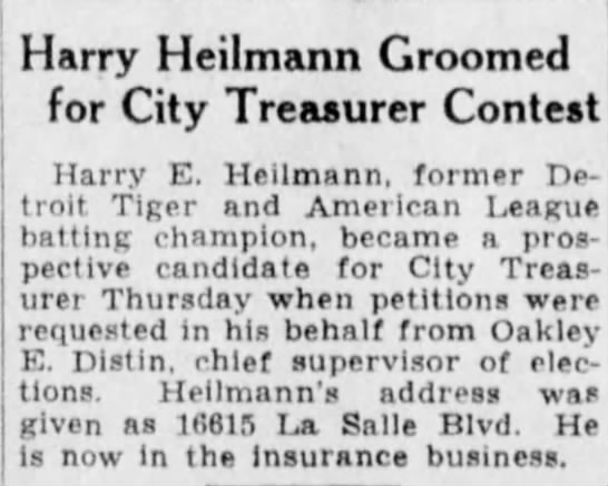 Harry Heilmann Groomed for City Treasurer Contest - 