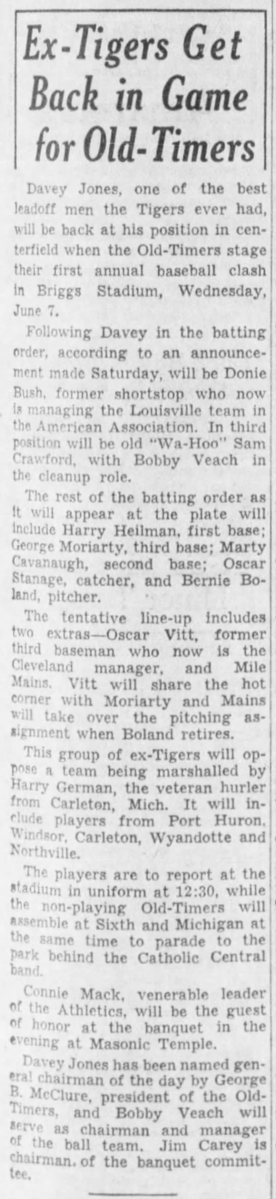 Sun 5/28/39: Announcement about Tigers' 1st Old-Timers game - 