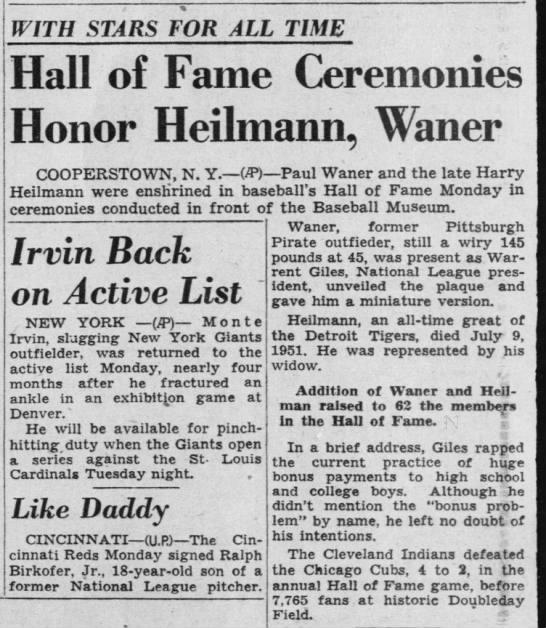 Hall of Fame Ceremonies Honor Heilmann, Waner - 