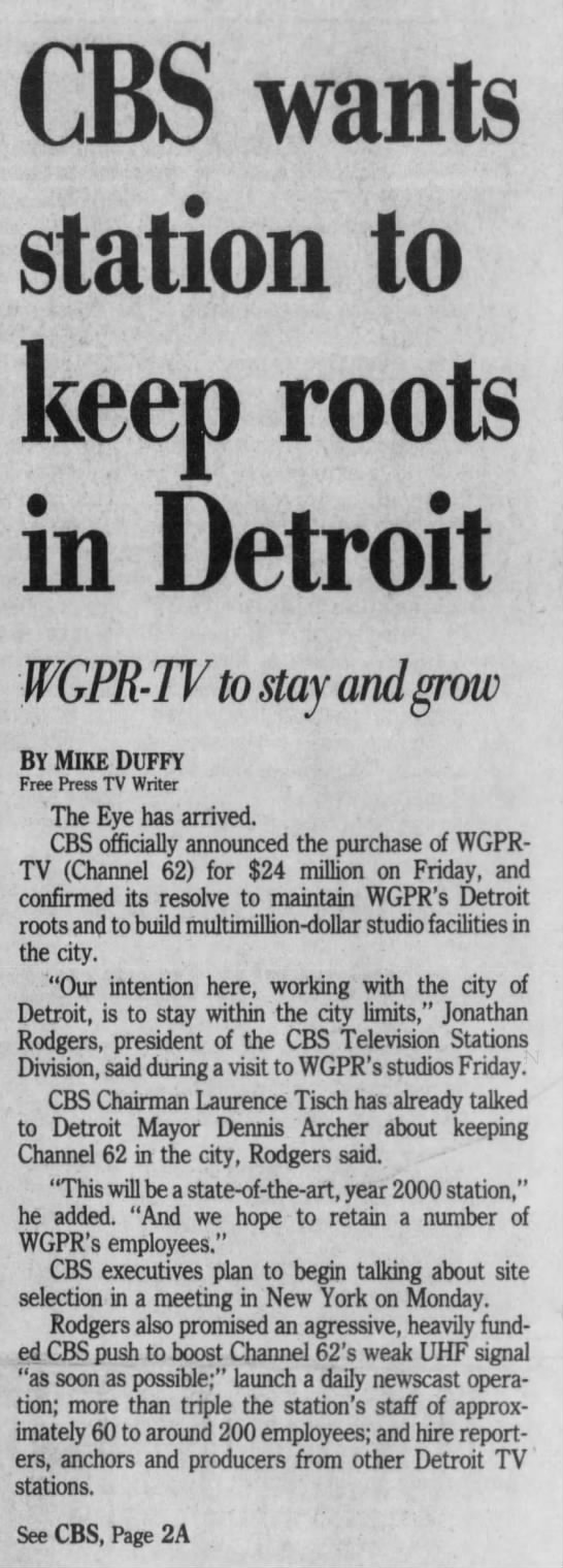 CBS wants station to keep roots in Detroit - 