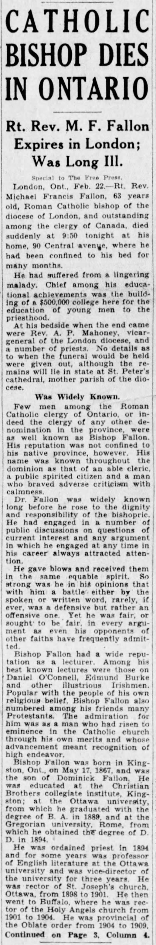 Fallon, Rt. Rev. M.F. Fallon dies in Ontario 1931  Part 1 - 