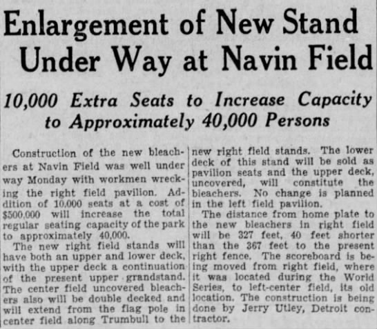 Detroit Free Press: Enlargement of New Stand Under Way at Navin Field - 