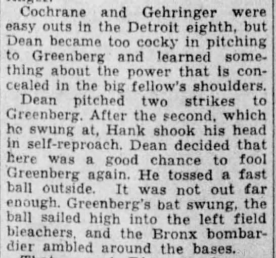 Thurs 10/4/1934: Greenberg WS HR vs Dizzy Dean - 