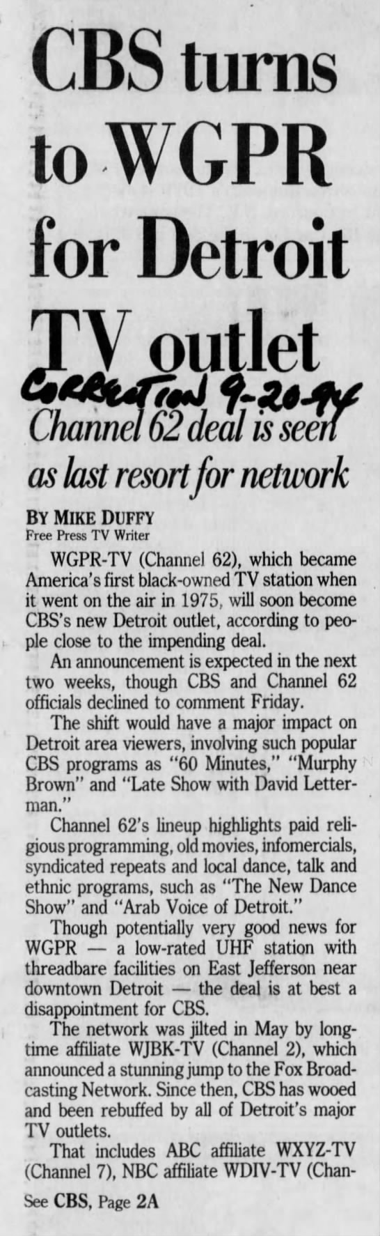 CBS turns to WGPR for Detroit TV outlet: Channel 62 is seen as last resort for network - 